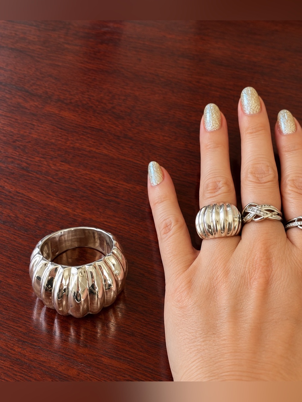 Sterling 925 Ribbed Dome Ring in a Mirrored Finish VINTAGE SIGNED EX COND FIRM